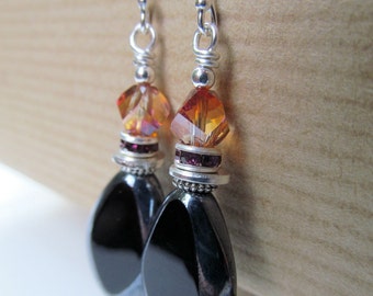 Boucles d’oreilles en argent sterling perlées en verre orange et noir tchèque