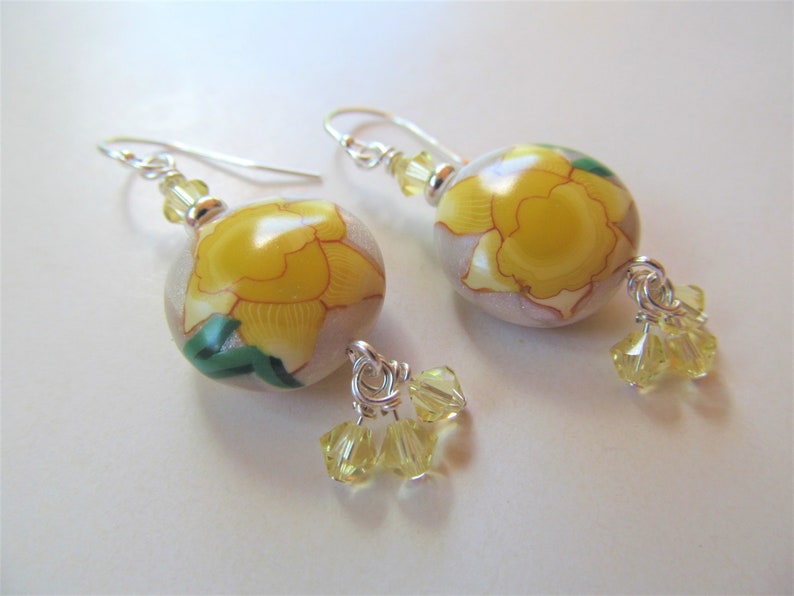 Yellow Daffodil Polymer Clay and Swarovski Crystal Beaded Sterling Silver Earrings BeadedTail Spring Flowers image 6