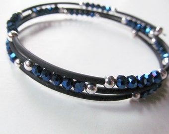 Blue Metallic Crystal and Black Beaded Memory Wire Bracelet - Large