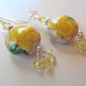 Yellow Daffodil Polymer Clay and Swarovski Crystal Beaded Sterling Silver Earrings BeadedTail Spring Flowers image 4
