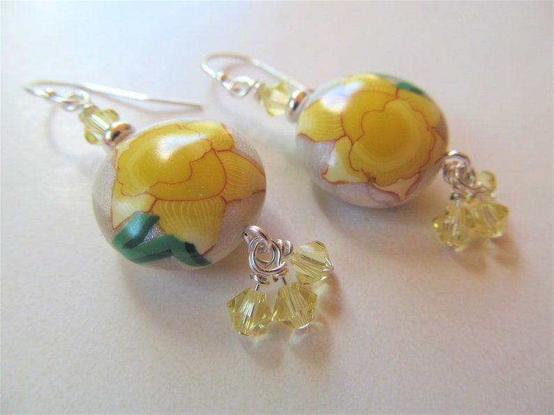 Yellow Daffodil Polymer Clay and Swarovski Crystal Beaded Sterling Silver Earrings BeadedTail Spring Flowers image 4