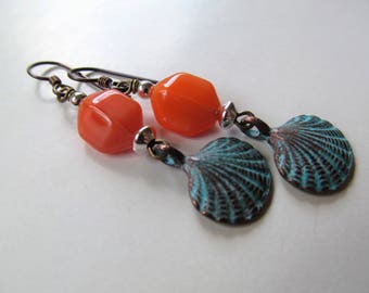 Sunset - Frosted Orange Beads and Blue Patina Shell Charm Niobium Earrings - Tropical - BeadedTail