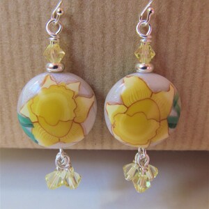 Yellow Daffodil Polymer Clay and Swarovski Crystal Beaded Sterling Silver Earrings BeadedTail Spring Flowers image 2