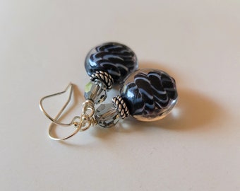 Black and White Swirled Lampwork Glass and Swarovski Crystal Beaded Sterling Silver Earrings - BeadedTail