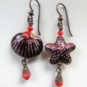 Shell and Starfish Purple and Orange Cloisonne Seashell and Starfish with Orange Swarovski Crystal Beaded Niobium Earrings BeadedTail image 2