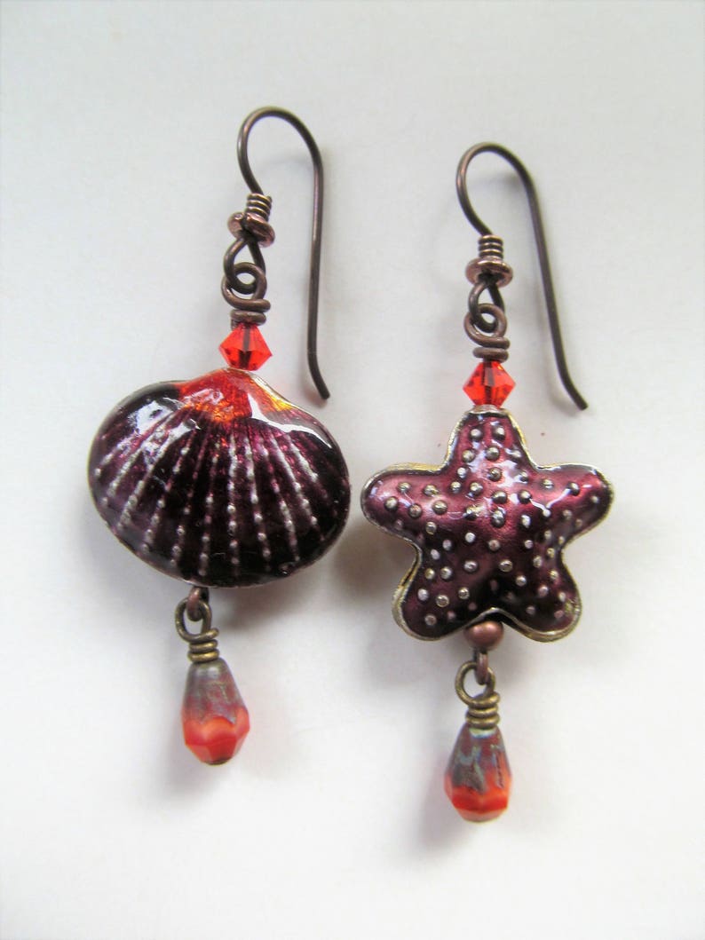 Shell and Starfish Purple and Orange Cloisonne Seashell and Starfish with Orange Swarovski Crystal Beaded Niobium Earrings BeadedTail image 2