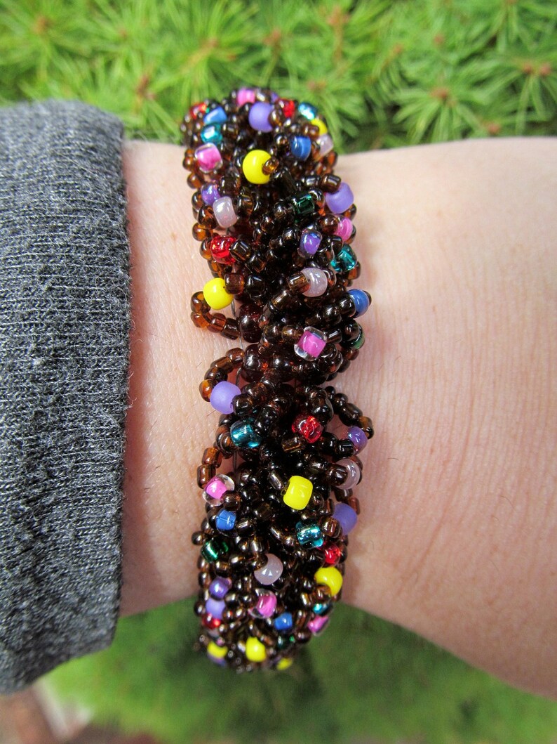 Chocolate Cake with Sprinkles Caterpillar Beadwoven Bracelet in Brown with Multi-Colors READY TO SHIP image 4