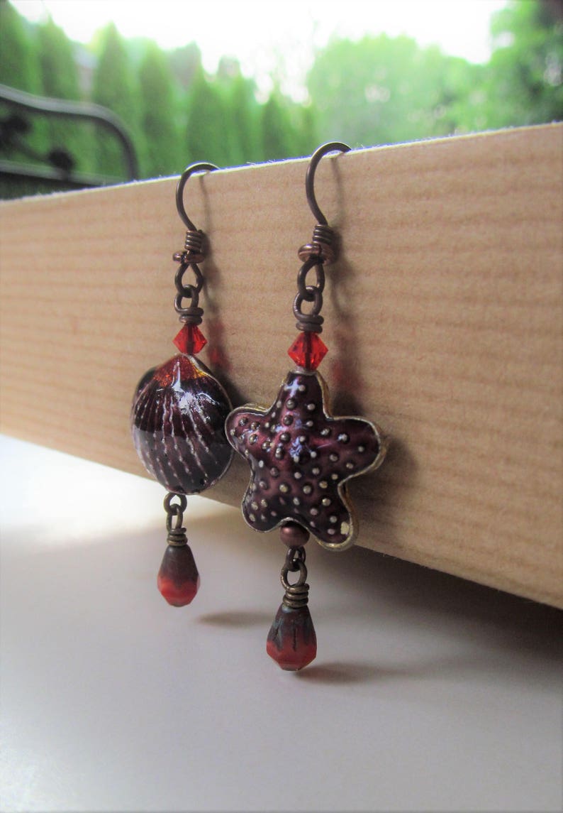 Shell and Starfish Purple and Orange Cloisonne Seashell and Starfish with Orange Swarovski Crystal Beaded Niobium Earrings BeadedTail image 4