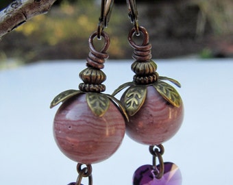 Purple Hearts et Pink Jasper vintage Style Boucles d’oreilles en bronze antique