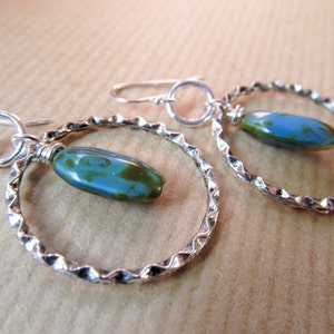 Blue, Green, Brown Czech Glass Hoops Sterling Silver Earrings image 4