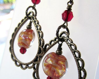 Red and Yellow Swirl Lampwork and Crystal Chandelier Niobium Earrings