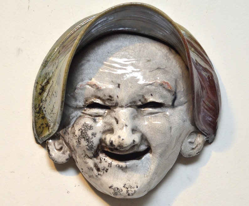 Old Woman Face Mask Wall Hanging Raku Ceramics by Anita Feng image 4