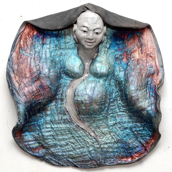 RESERVED FOR VALERIE Laughing Smiling Buddha Wall Art Sculpture Blue Copper Red Raku Ceramics