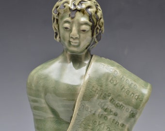 Standing Buddha Sculpture Celadon With Poem inscribed on the shawl
