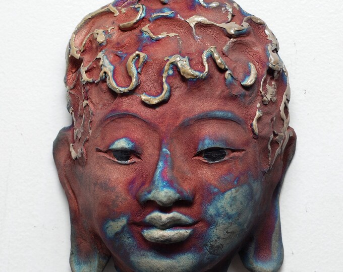 Buddha Face Mask Wall Art in Red and Blue Raku Ceramics by Etsy
