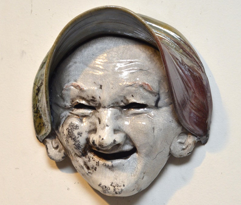 Old Woman Face Mask Wall Hanging Raku Ceramics by Anita Feng image 2