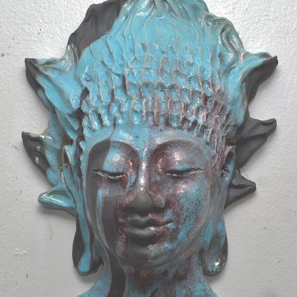 Turquoise Buddha Kwan Yin Face Mask Wall Art in Raku Ceramics