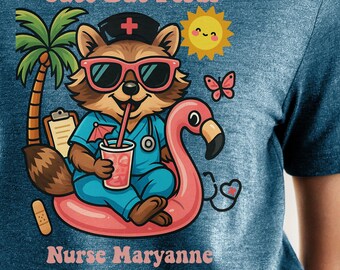 Cute But Feral Nurse Raccoon Shirt Personalized Gift for Nurses Funny Pool Floatie Animal Summer Flamingo RN CNA PA Custom Tee