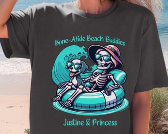 Personalized Halloween Summer-ween T Shirt Skeleton Woman and Dog on Floatie Pool Ocean Comfort Colors Summerween Halloween Summer Gift