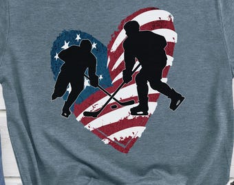 Minimalist USA Hockey Fan Shirt, Winter Sports Ice Hockey Tee, American Flag Heart Watch Party Gift, Competition Practice Sport Lover