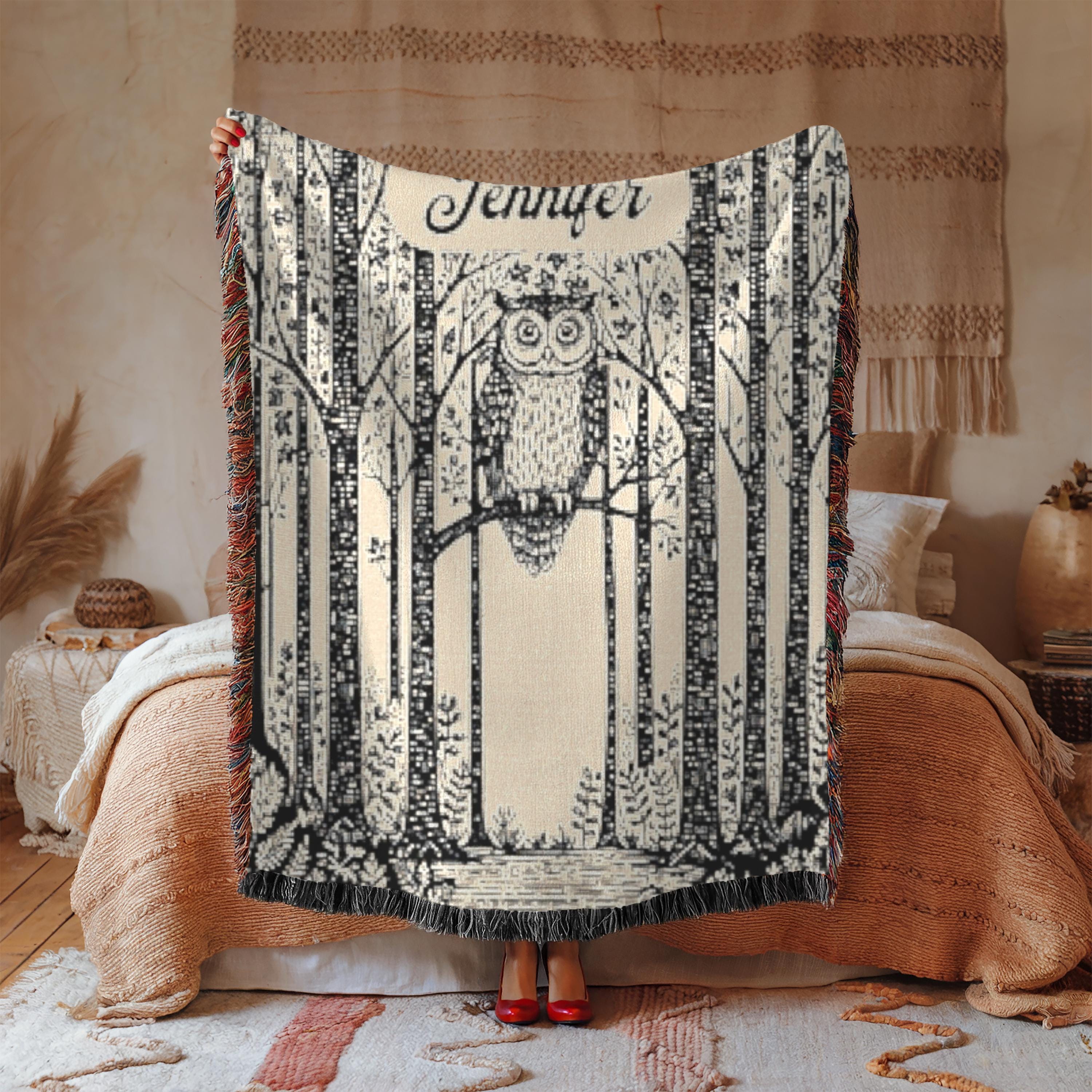 Personalized Owl Blanket, Woven Tapestry Fringe Throw Cottagecore Floral Forest Woodcut Linocut Desi