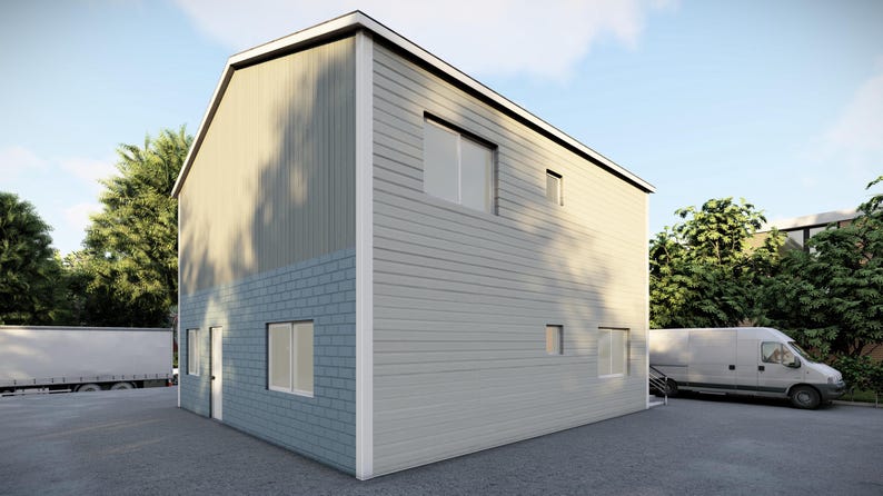 以下が含まれることがあります： グレーとブルーのサイディングを施した2階建ての建物。建物には窓がいくつかとドアがあります。建物は木々と白いバンに囲まれています。
