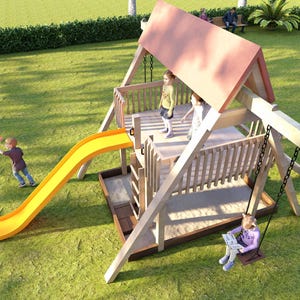 Peut inclure: Un ensemble de jeux en bois avec un toboggan, une balançoire et une plateforme avec un toit. L'ensemble de jeux est peint dans des tons de bois naturels et a un toit rouge. Des enfants jouent sur l'ensemble de jeux.