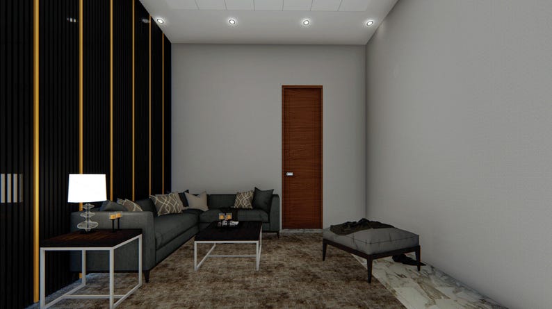 Puede incluir: Un sof&aacute; seccional gris con almohadas se encuentra en una sala de estar con una puerta marr&oacute;n, una otomana gris y una pared negra y dorada.