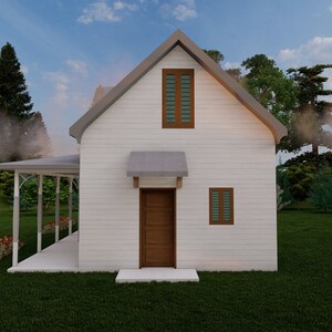 May include: A white farmhouse style home with a brown door and windows. The house has a covered porch and is surrounded by green grass and trees.