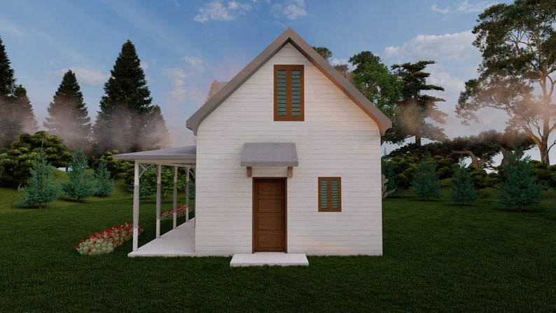 May include: A white farmhouse style home with a brown door and windows. The house has a covered porch and is surrounded by green grass and trees.