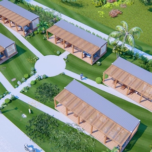 May include: An aerial view of a small village of modern, wooden cabins with white roofs. The cabins are arranged in a circular pattern on a grassy lawn with a paved walkway leading to each cabin. A car is parked on the street in front of the village.