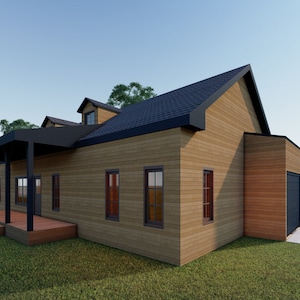1068 m² Tiny Home-bouwplan: bungalow met één verdieping, 2 slaapkamers, 2 badkamers, zelfbouw, hutblauwdrukken
