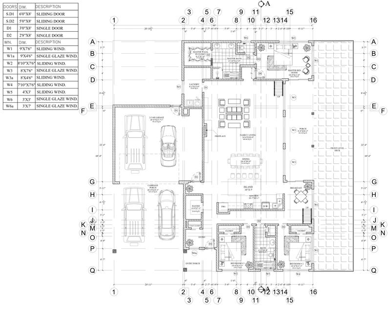 Puede incluir: Un plano de planta arquitect&oacute;nico en blanco y negro de una casa con garaje, sala de estar, cocina y dormitorios. El plano incluye medidas en pies y pulgadas.