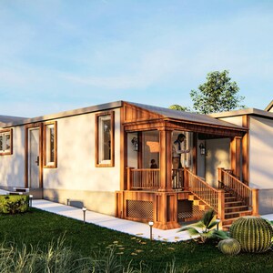 May include: A white, single-story house with a wooden porch and a wooden roof. The house has a large front yard with green grass and palm trees.