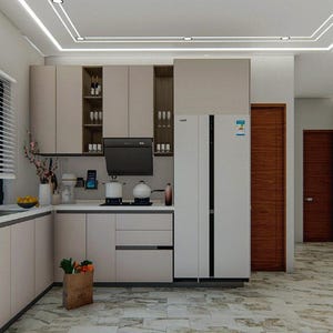 Puede incluir: Una cocina moderna con gabinetes blancos, un refrigerador de acero inoxidable y una encimera blanca. La cocina tiene una ventana con persianas, un fregadero y una estufa. Hay tres puertas de madera en el fondo.
