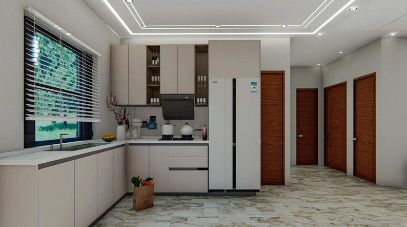 Puede incluir: Una cocina moderna con gabinetes blancos, un refrigerador de acero inoxidable y una encimera blanca. La cocina tiene una ventana con persianas, un fregadero y una estufa. Hay tres puertas de madera en el fondo.