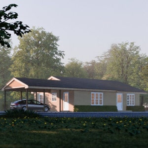 May include: A single-story house with a carport, a dark roof, and beige siding. A silver car is parked under the carport. The house has white-framed windows and a white door. The scene is set in a green, tree-lined environment.