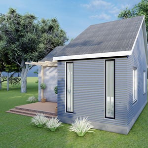 Peut inclure: Une maison moderne bleu-gris avec un toit en pente et de grandes fen&ecirc;tres. La maison est entour&eacute;e d'herbe verte et d'arbres, avec une petite terrasse en bois et une pergola. Le ciel est bleu avec des nuages.