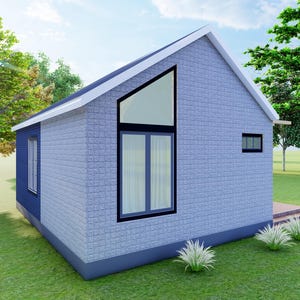 Peut inclure: Une petite maison moderne avec un ext&eacute;rieur bleu clair et une garniture bleu fonc&eacute; contrastante. La maison dispose d'une grande fen&ecirc;tre triangulaire et d'une petite fen&ecirc;tre rectangulaire. La maison est entour&eacute;e d'herbe verte et d'arbres.