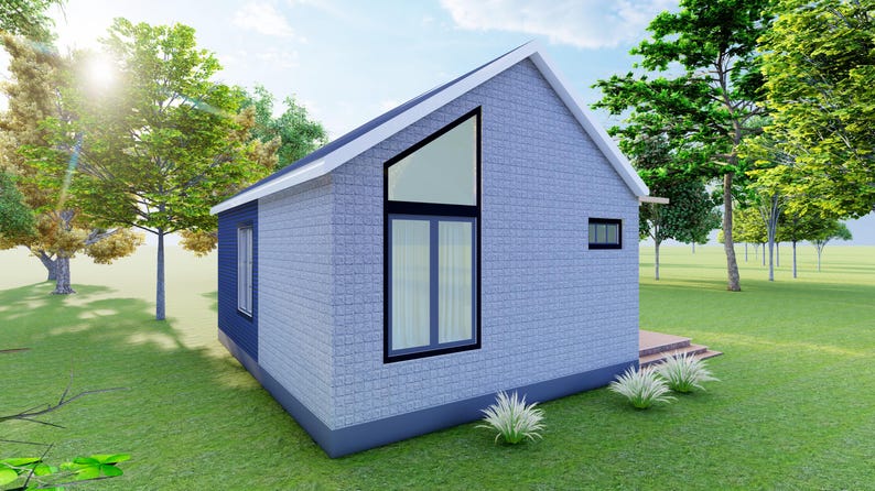 Peut inclure: Une petite maison moderne avec un ext&eacute;rieur bleu clair et une garniture bleu fonc&eacute; contrastante. La maison dispose d'une grande fen&ecirc;tre triangulaire et d'une petite fen&ecirc;tre rectangulaire. La maison est entour&eacute;e d'herbe verte et d'arbres.