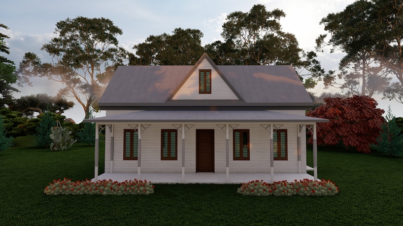 May include: A white farmhouse with a gray roof and a porch. The house has three windows and a door. The house is surrounded by green grass and trees.