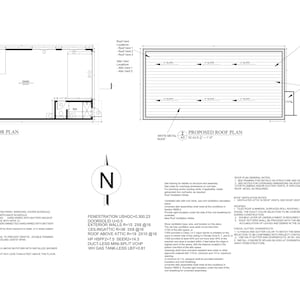 May include: Black and white architectural blueprint for a building with a proposed floor plan and roof plan. The floor plan shows a single room with a bathroom and a closet. The roof plan shows a flat roof with a white metal roof.
