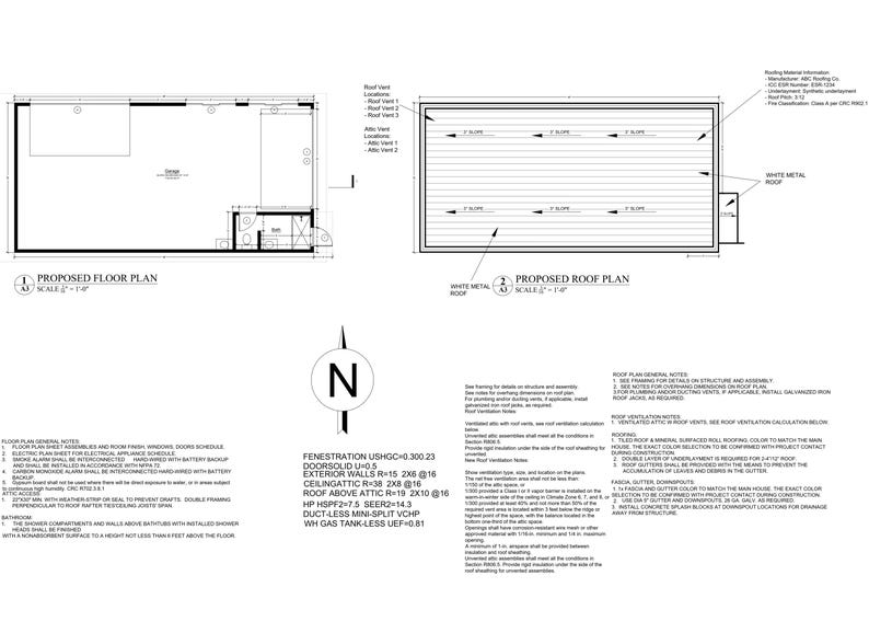 May include: Black and white architectural blueprint for a building with a proposed floor plan and roof plan. The floor plan shows a single room with a bathroom and a closet. The roof plan shows a flat roof with a white metal roof.