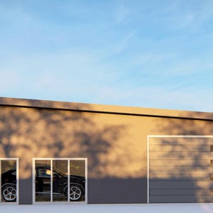 May include: A gray garage with a single car door and two double doors. The car door has a window with three horizontal panels. The double doors have windows with a black car visible inside.