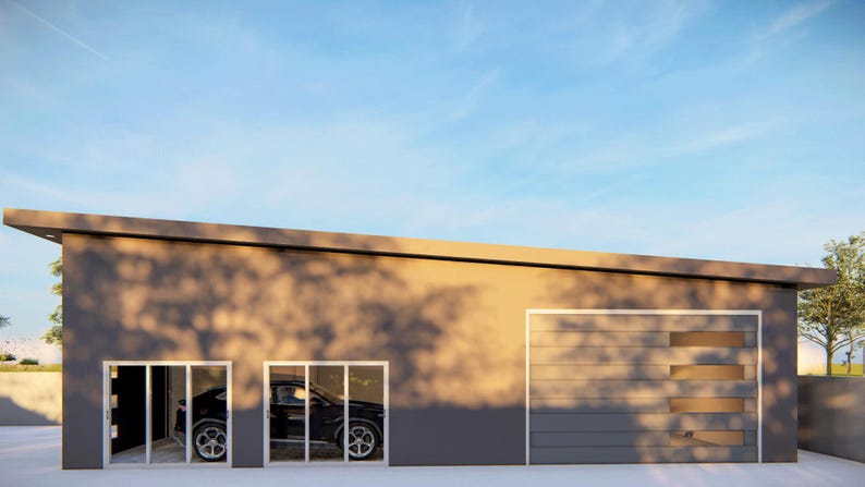 May include: A gray garage with a single car door and two double doors. The car door has a window with three horizontal panels. The double doors have windows with a black car visible inside.