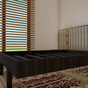 May include: A black wooden bed frame with slats, sitting on a patterned rug in a room with a window and a wall with vertical panels.