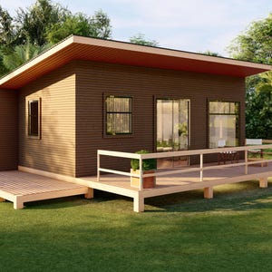 Houten hutten van 20 x 30 inch: ruime indeling, veranda, slaapkamer, keuken, badkamer