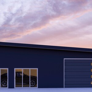 May include: A dark blue garage with a large, single garage door and two smaller doors on the side. The garage door has a window with three horizontal panes. The garage is set against a backdrop of a pink and purple sunset sky.