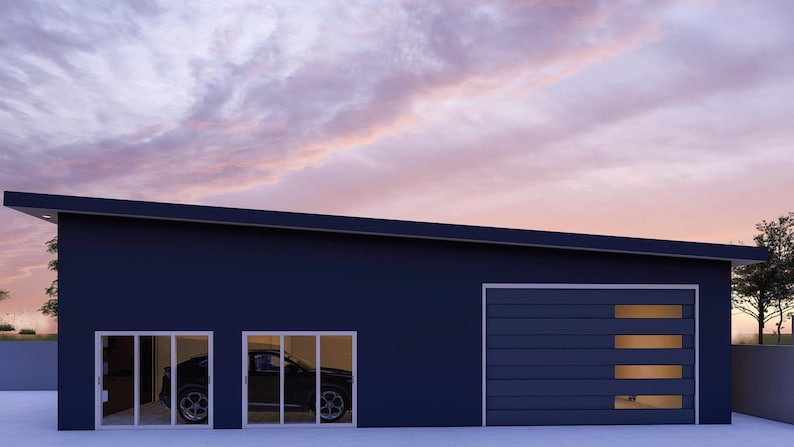 May include: A dark blue garage with a large, single garage door and two smaller doors on the side. The garage door has a window with three horizontal panes. The garage is set against a backdrop of a pink and purple sunset sky.