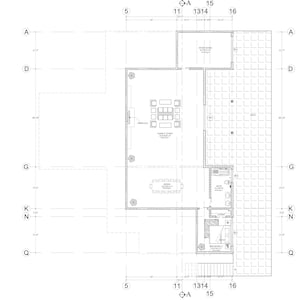 Puede incluir: Un plano de planta arquitect&oacute;nico en blanco y negro de un edificio con un gran espacio abierto y varias habitaciones m&aacute;s peque&ntilde;as. El plano incluye medidas en pies y pulgadas.